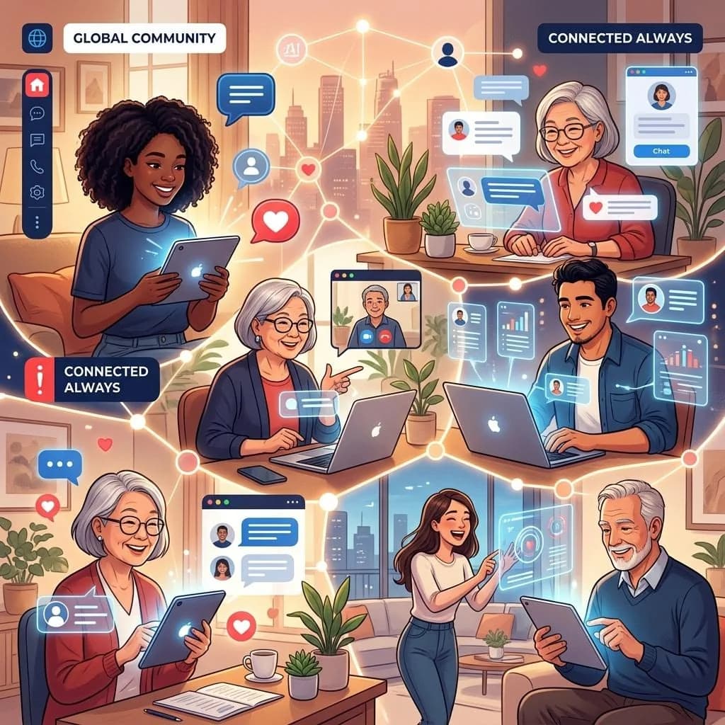 Illustration: people in several homes reading messages and notifications on phones, tablets and laptops.