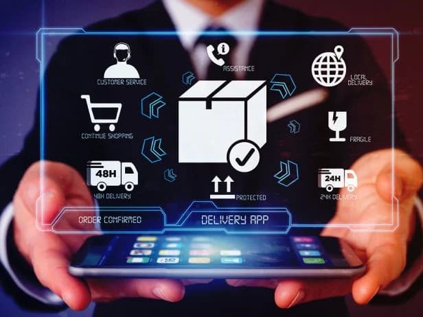 Illustration: a parcel and a set of delivery icons drawn above a hand-held tablet.