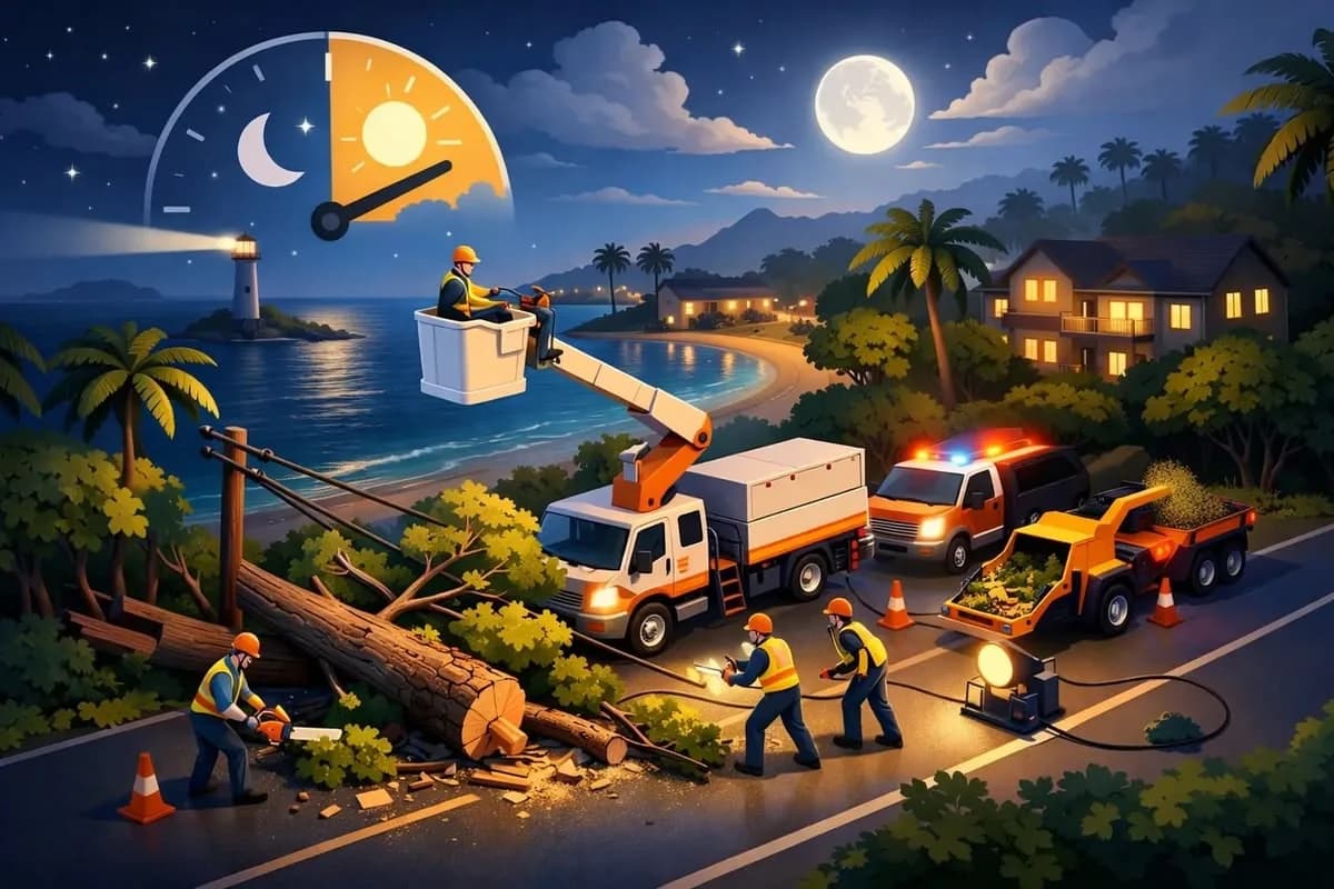 Illustration: a night crew with lit vehicles clearing a fallen tree from a coastal road.