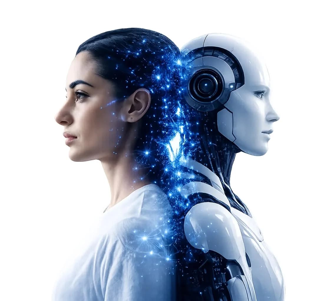 Illustration: a woman's profile and a robot's profile back to back, joined by a field of light.