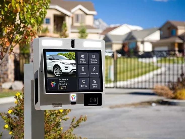 Illustration: a touchscreen access terminal on a post at the entrance to a residential street.