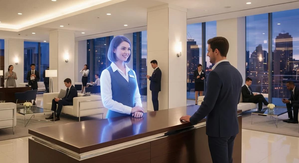 Illustration: a visitor at a reception desk being greeted by a projected figure in a lit lobby.