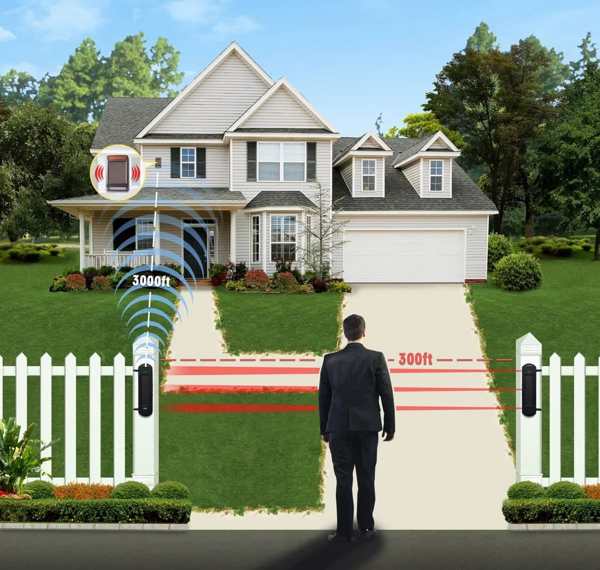 Illustration: a house behind a fence, with beam sensors on the gate posts drawn as coloured lines.