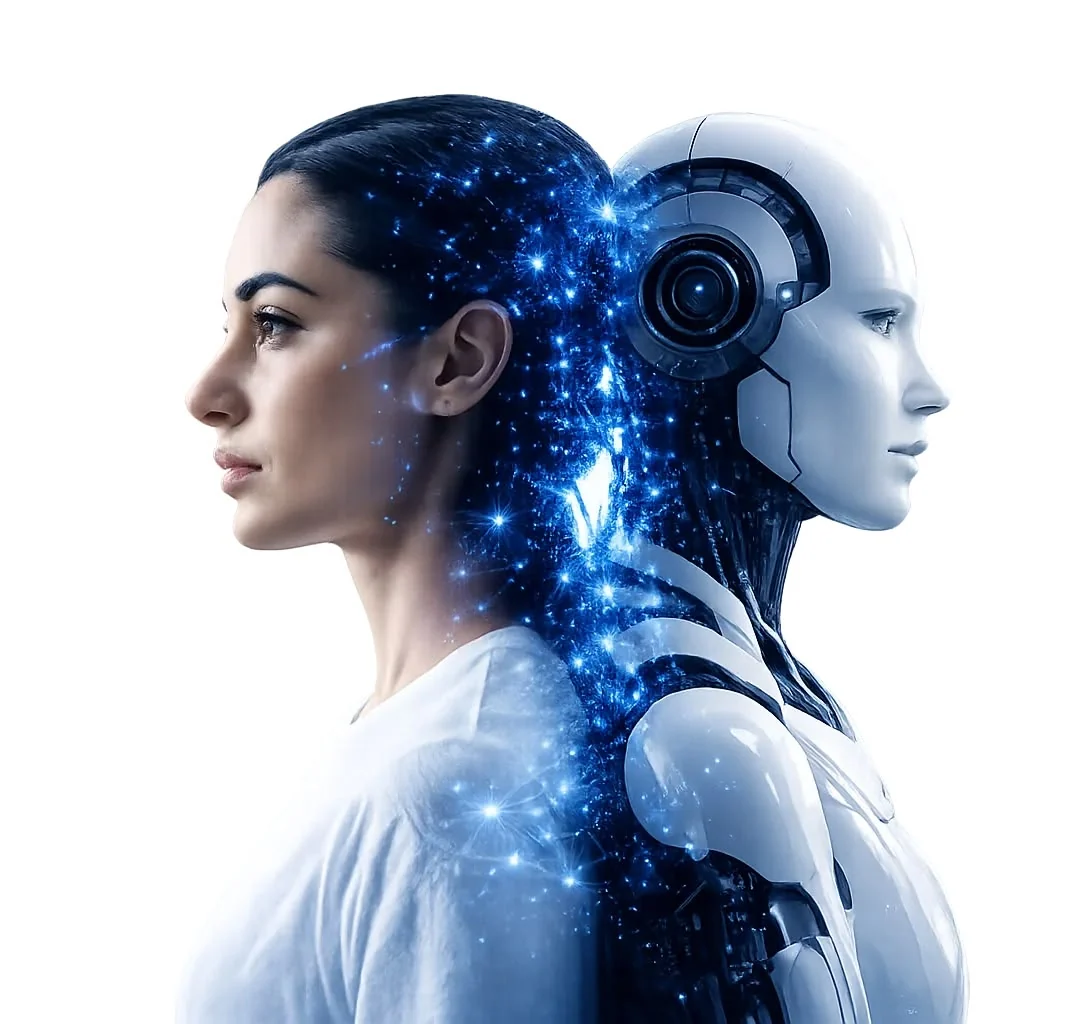 Illustration: a woman's profile and a robot's profile back to back, joined by a field of light.